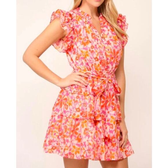 Anthropologie Fate Pink Floral Flowy Tiered Ruffle Peasant Mini Dress Small NWT - Picture 1 of 14